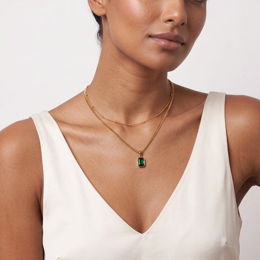 Emerald Aura Layered Double Necklace (18K Gold Plated