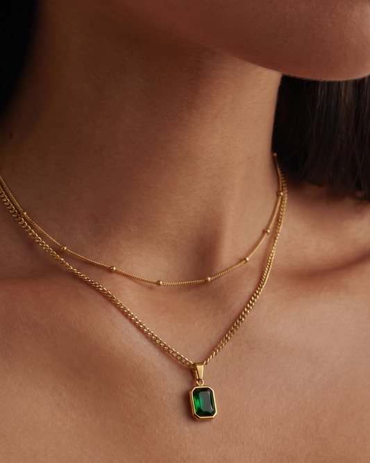 Emerald Aura Layered Double Necklace (18K Gold Plated